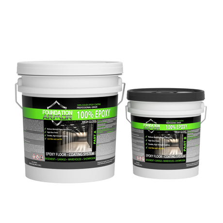 Clear Armor Epoxy 100 coating from Epoxy Floor Flakes shown on a smooth epoxy surface for durable, high-gloss flooring.