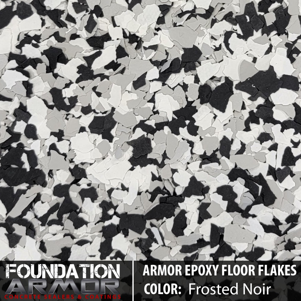 Frosted noir Armor Epoxy Floor Flakes showcasing textured, decorative epoxy floor flakes for a durable, stylish surface finish.