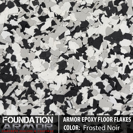 Frosted noir Armor Epoxy Floor Flakes showcasing textured, decorative epoxy floor flakes for a durable, stylish surface finish.
