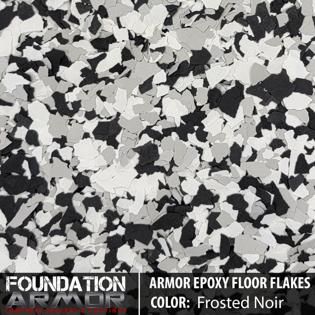 Frosted noir Armor Epoxy Floor Flakes showcasing textured, decorative epoxy floor flakes for a durable, stylish surface finish.